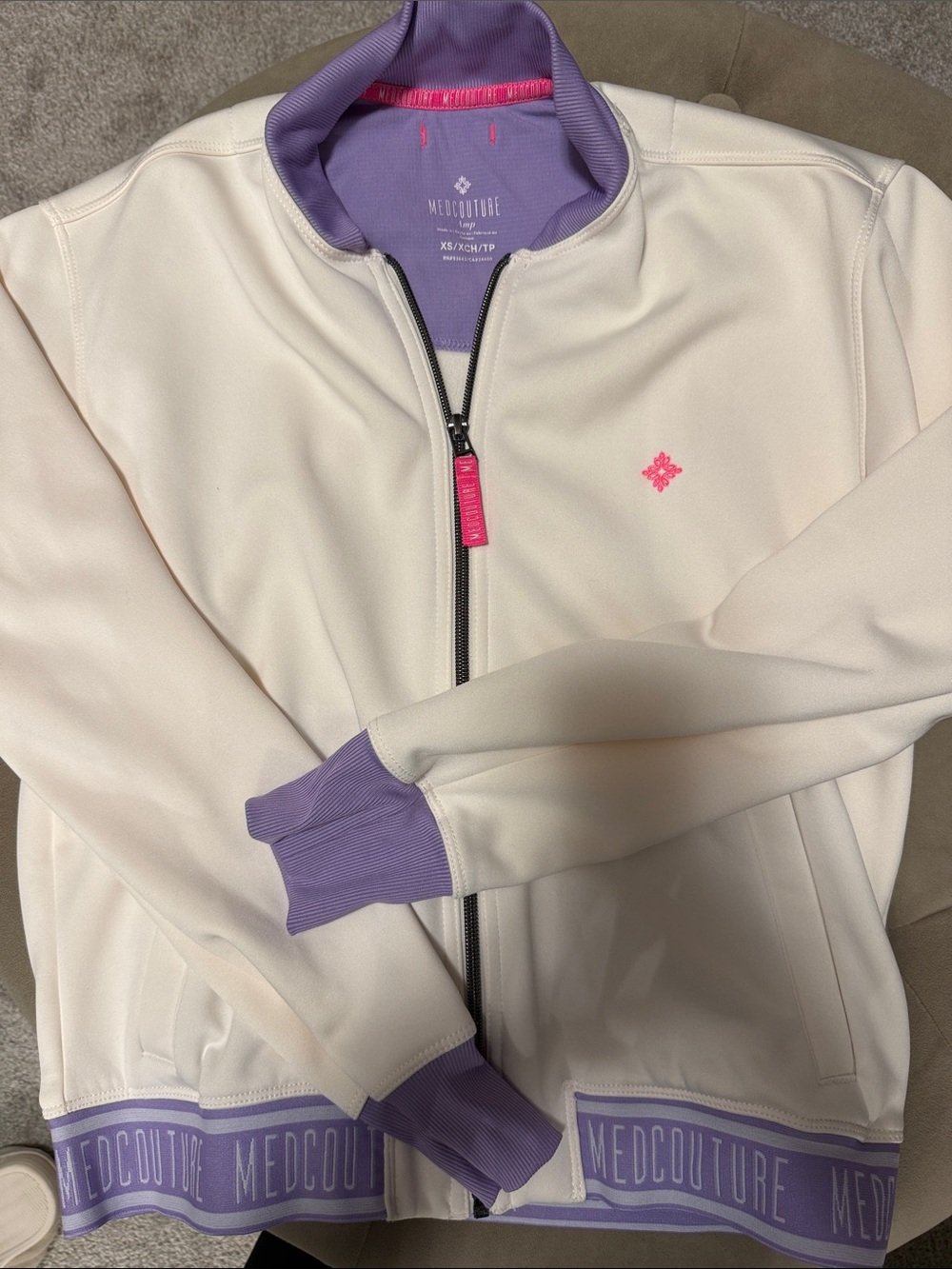 Med Couture Cream Track Jacket with Lavender Trim and Pink Accent